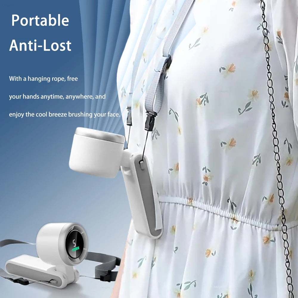 New 180 Degree Foldable Mini Desk Turbo Fan with LED Display Portable Neck Hanging for Outdoor