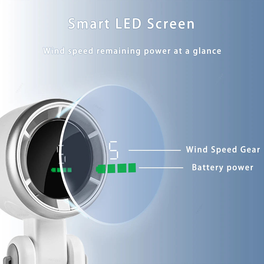New 180 Degree Foldable Mini Desk Turbo Fan with LED Display Portable Neck Hanging for Outdoor