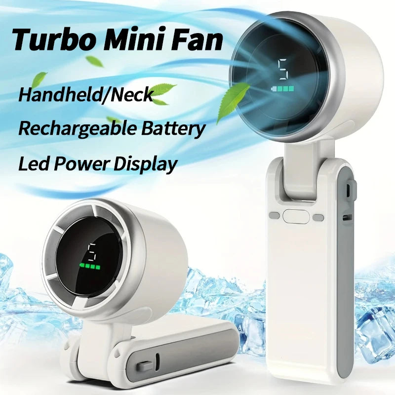 New 180 Degree Foldable Mini Desk Turbo Fan with LED Display Portable Neck Hanging for Outdoor
