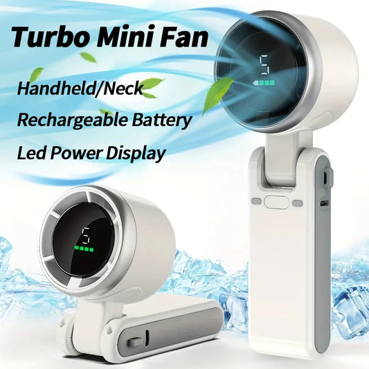New 180 Degree Foldable Mini Desk Turbo Fan with LED Display Portable Neck Hanging for Outdoor