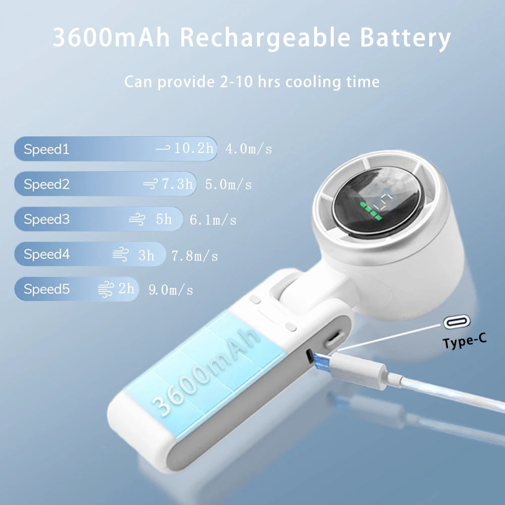 New 180 Degree Foldable Mini Desk Turbo Fan with LED Display Portable Neck Hanging for Outdoor